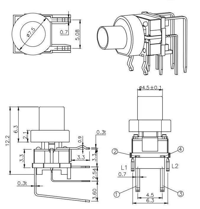 8 pin Right Angle Tact Switch With LED