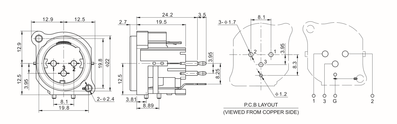 3-Pin XLR Female Panel Connector Black(图1)